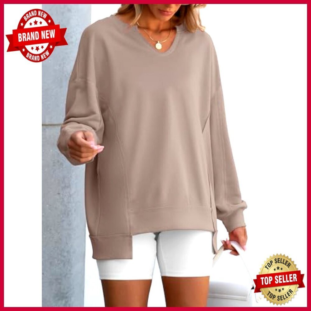 Oversized V-Neck Sweatshirt Tunic Pullover Long Sleeve Loose Fit - Picture 4 of 7